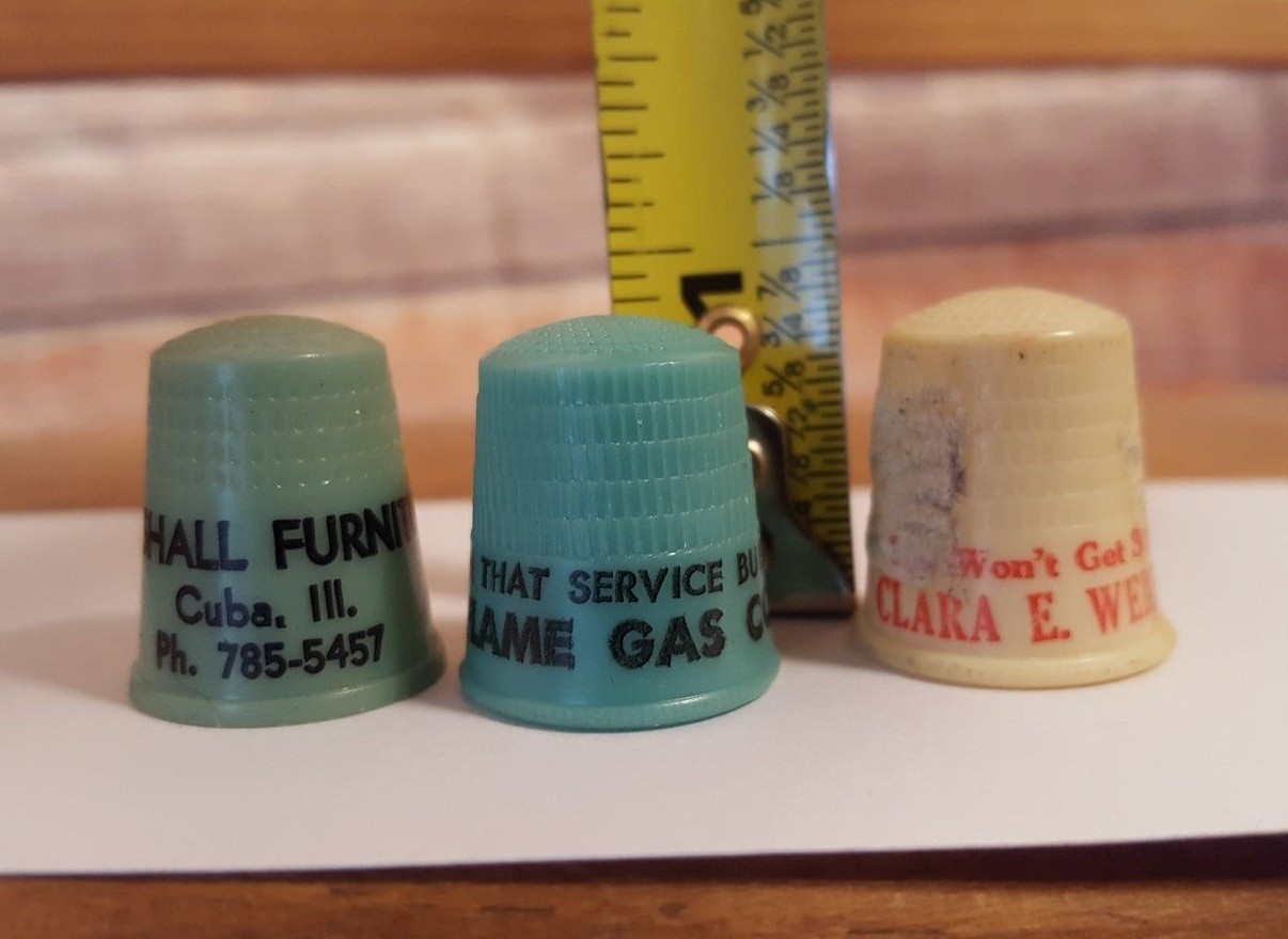 Vintage Sewing Advertisement Thimbles Lot 3 Plastic Marshall Cuba ILL Blue Flame