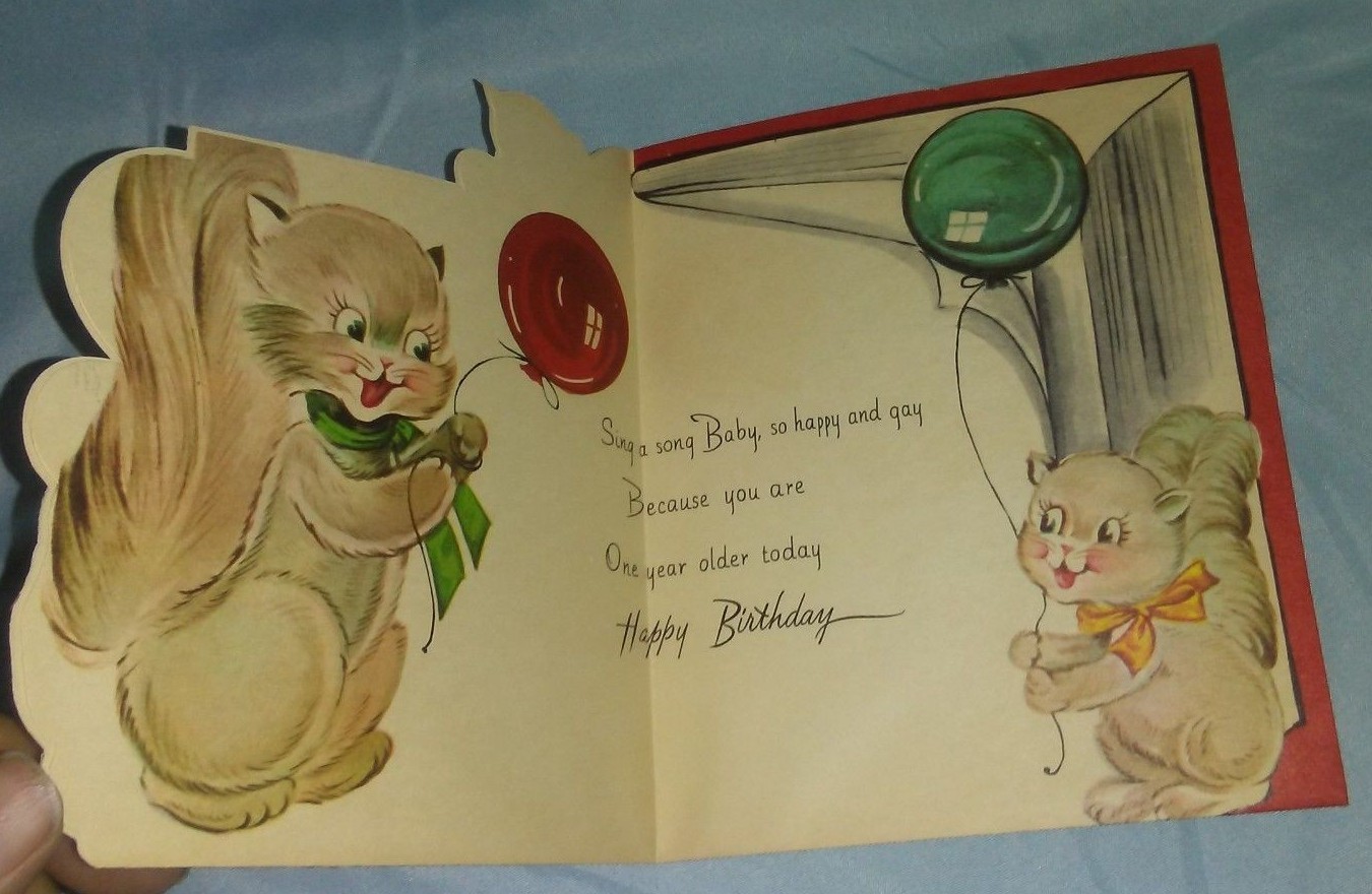 VINTAGE UNUSED BABY BIRTHDAY CARD WITH BOOK & SQUIRRELS