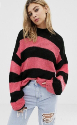 NEW Sz M Urban Outfitters Striped Knitted Sweater Pink & Black Stripe Oversized