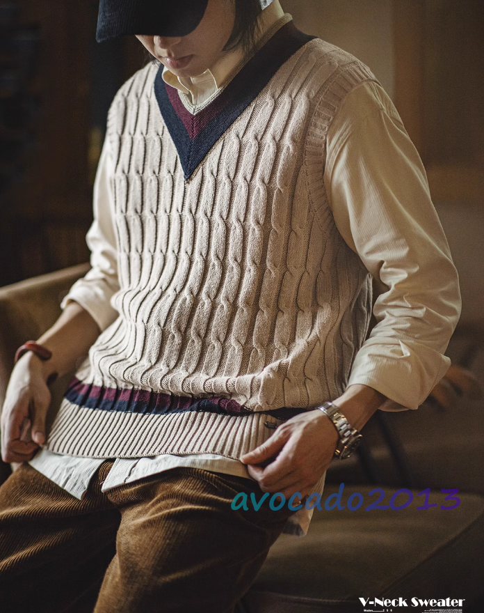 Maden Mens Vintage IVY Knitted V-neck Sweater Vest Sleeveless Preppy Autumn Vest
