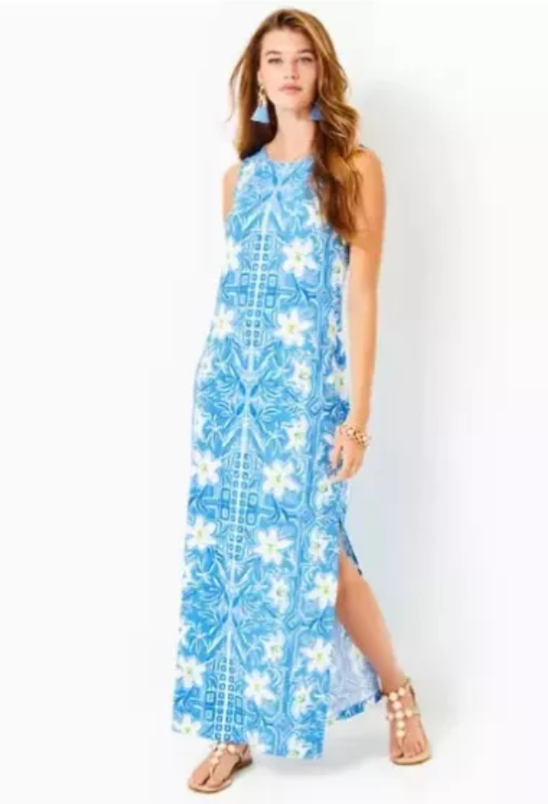 Pre-owned Lilly Pulitzer Size Medium Noelle Maxi Dress My Flutter Half Lunar Blue