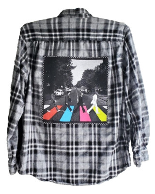 Upcycled Flannel Shirt BEATLES Music Rock Band Graphic Tee on Back