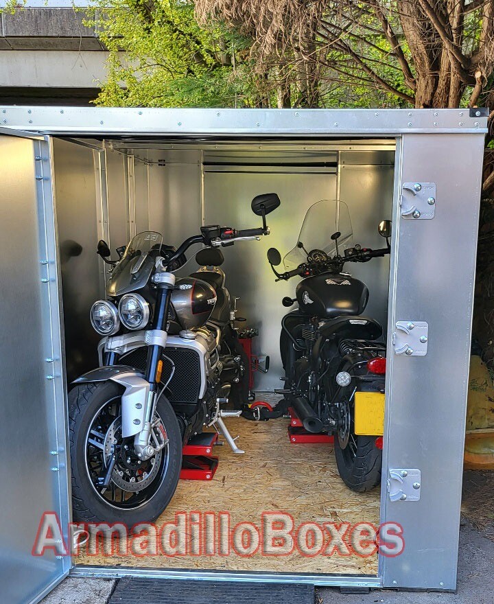 Motorcycle Storage Shed Box rust proof galvanised steel. Secure weather
