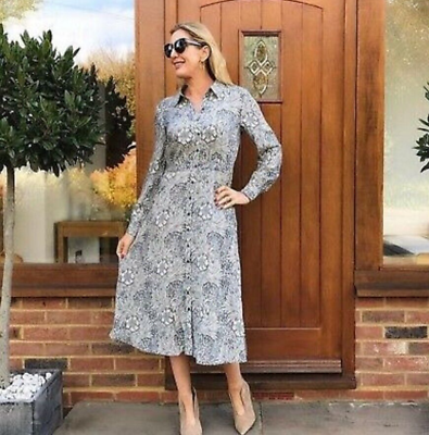 H M William Morris Co Blue Floral Midi Long Sleeve Shirt Dress UK 6 EU 34