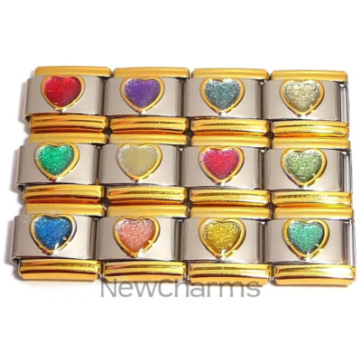 Set of 12 Glitter Heart Colorful Italian Charms Birthstone Inspired Links MIX150