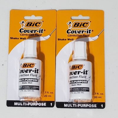 SET OF 2 Bic Cover it White Out Correction Fluid 0.7oz Multi Purpose