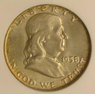 1958 D NGC MS66 FBL COLOR TONE, Red Pink Tone Full Bell Line MS66 Franklin Half