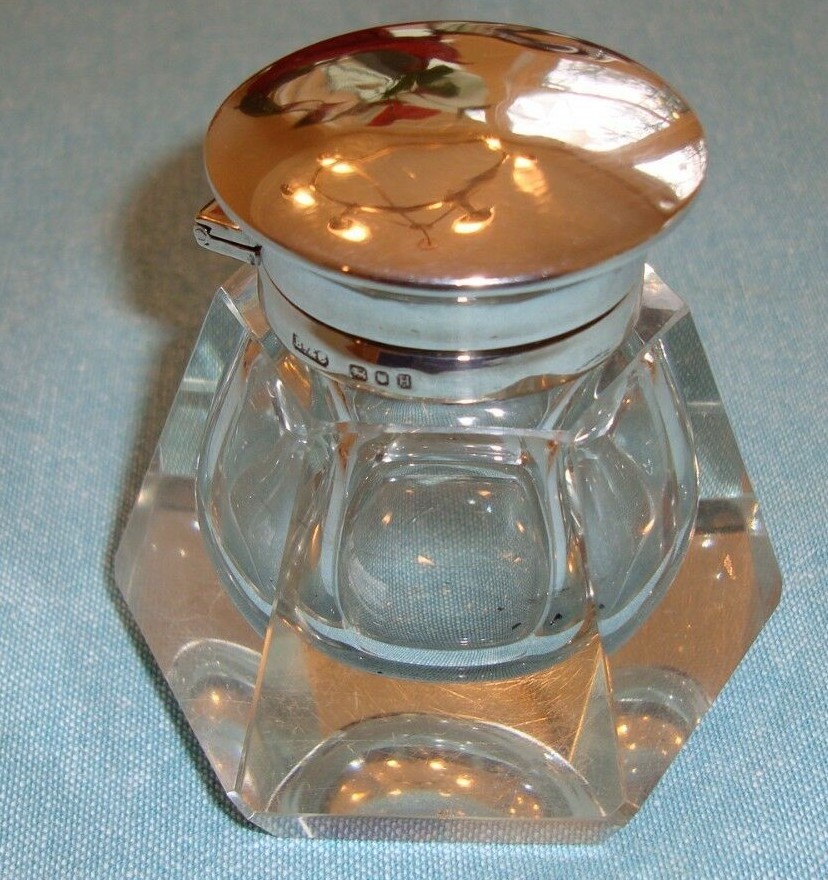 Nice 1944 WWII London, England, English Silver Hallmarked Capped Crystal Inkwell