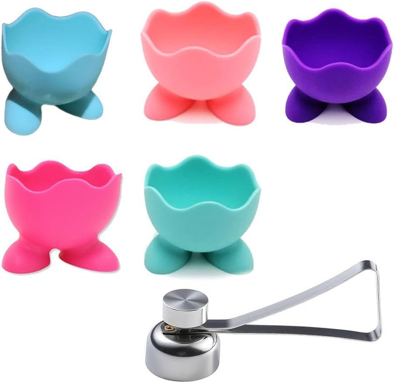 6 Pcs Silicone Egg Cups & Egg Topper Cutter Set, Novelty Egg Holder Stand for So
