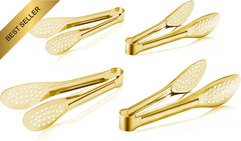 4 Pack Thickened Stainless Steel Serving Tongs, Gold Small Buffet Tongs for Kitc