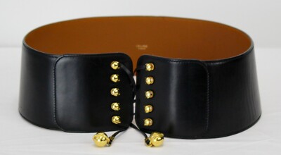 NEW CELINE Paris Black Leather Corset Lace up Waist Cincher Belt Vintage