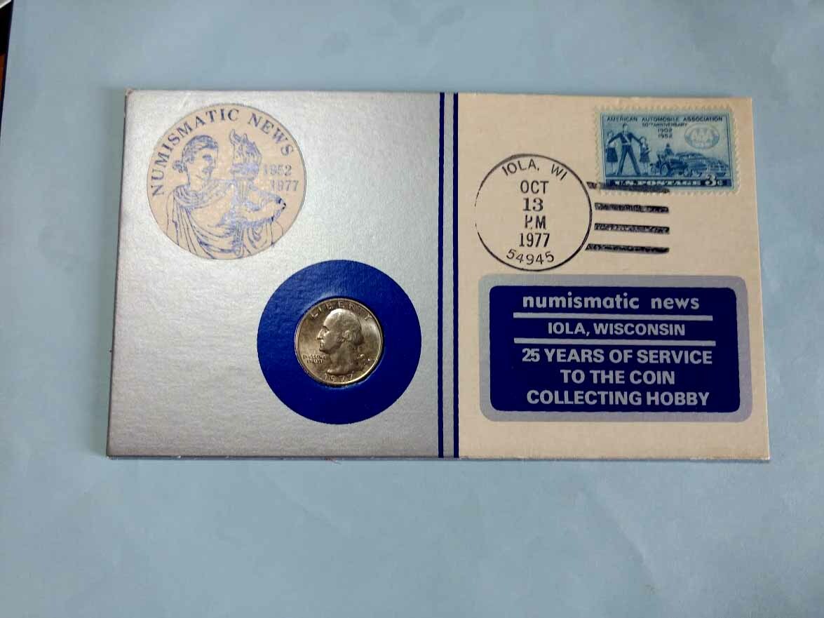 1952-1977 Numismatic News 25th Anniversary 1977-D Quarter Encased PM Envelope