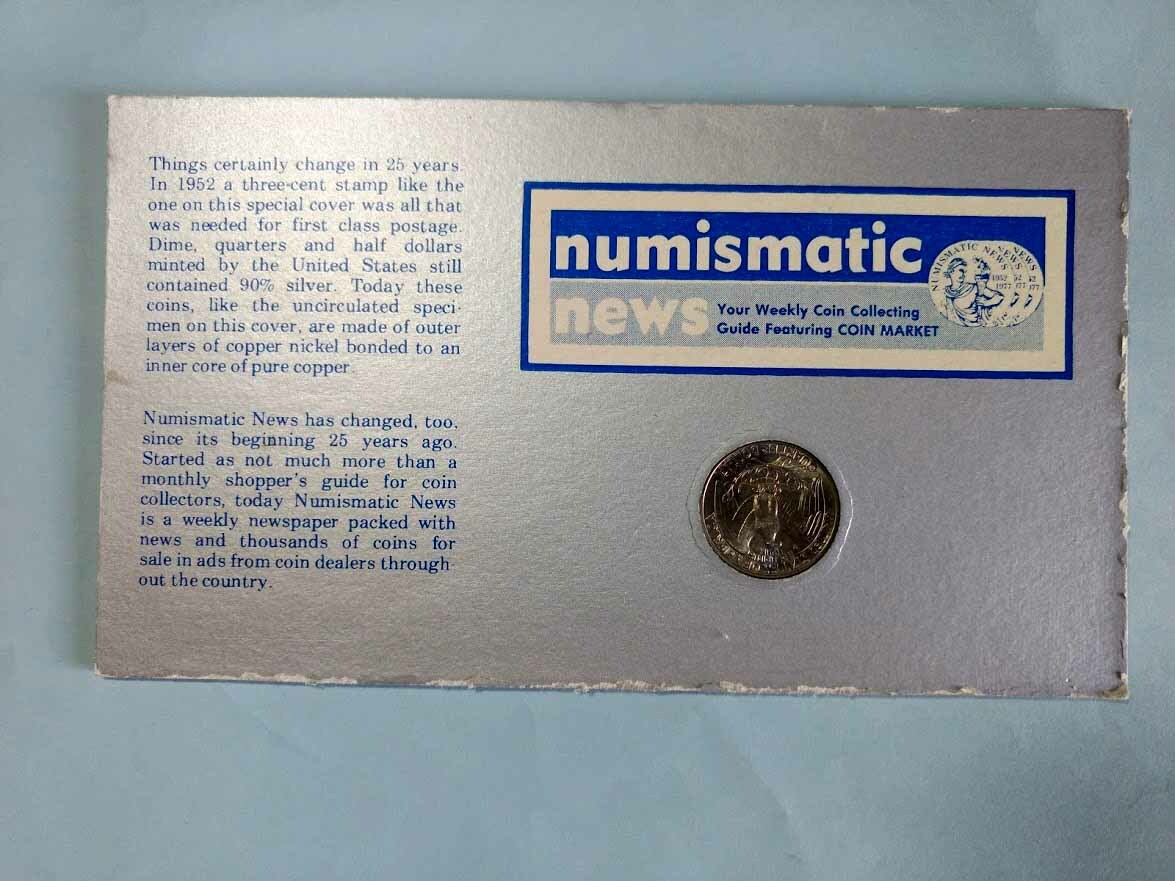 1952-1977 Numismatic News 25th Anniversary 1977-D Quarter Encased PM Envelope
