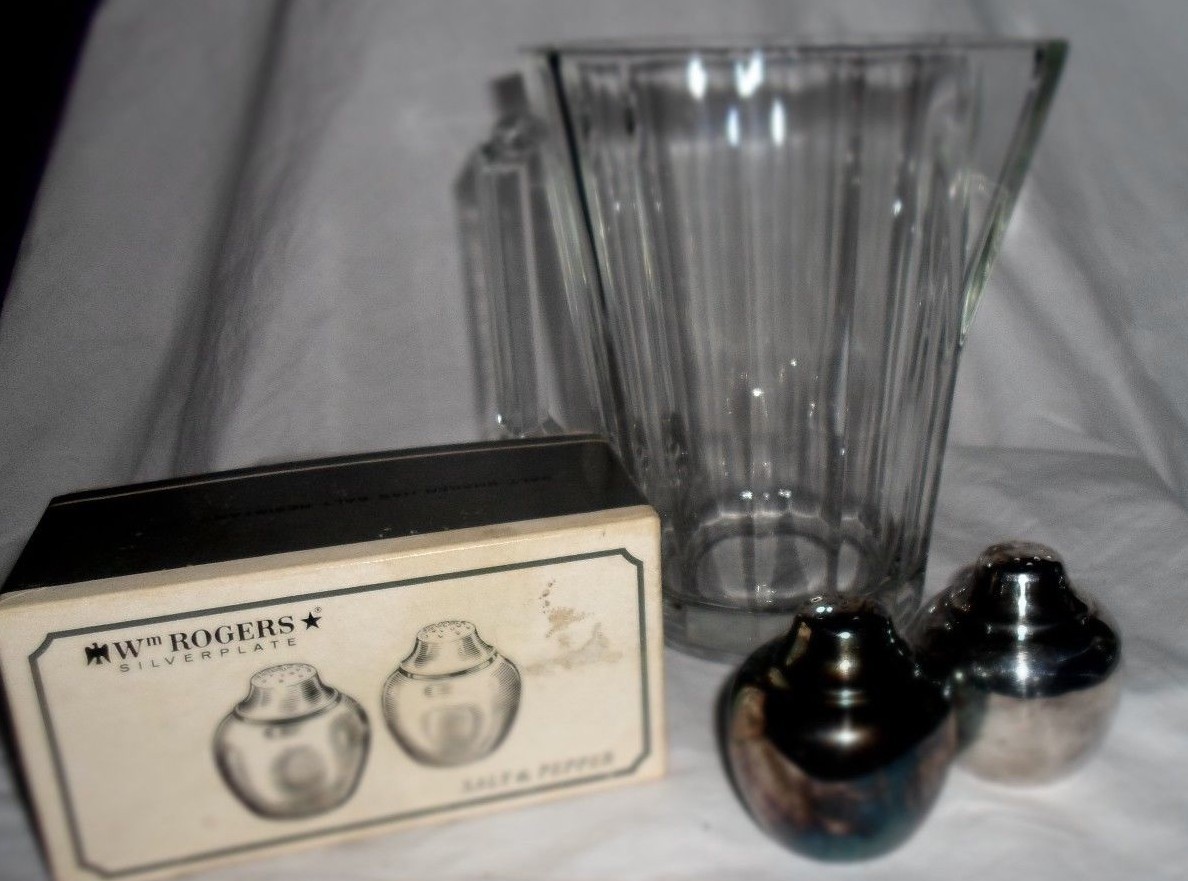 Vintage Clear Glass Water Pitcher Italy  WM Rodgers silverplate salt and pepper