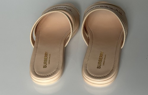 Pre-owned Burberry Open Toe Women's Peach Leather Slides Sandals 7.5 (37.5) 8047843 It In Orange