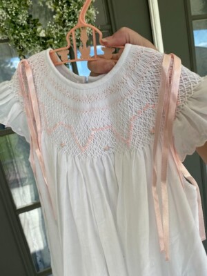 Will'Beth Long Smocked Sheer White Dress Pink Ribbons size 5 girls elegant