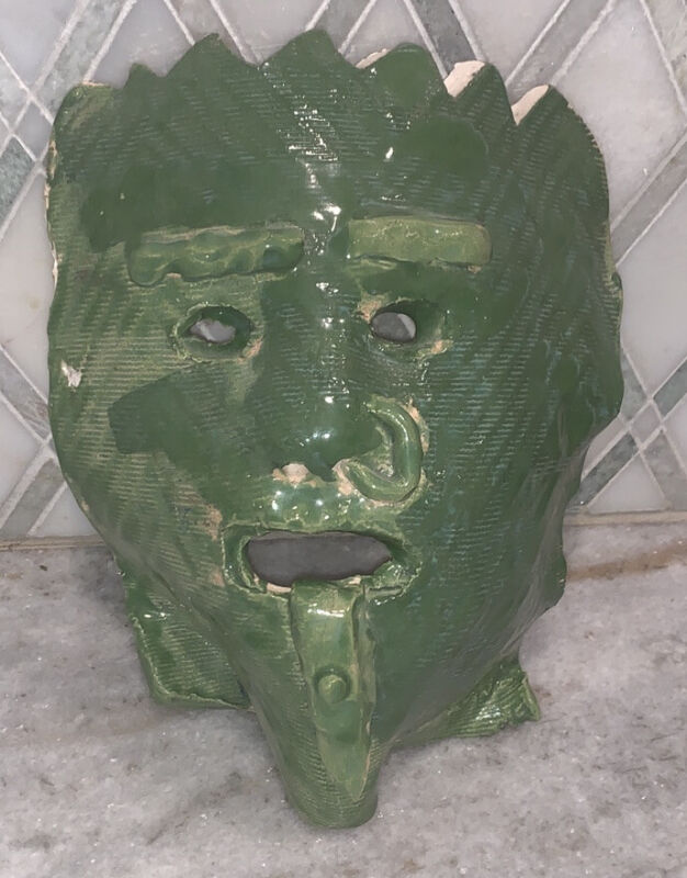 Vintage Art Studio Pottery Face Wall Mask Green Painted 10”T 7”W 4”D