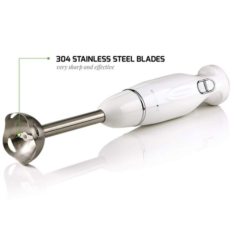 Electric Immersion Hand Blender Stainless Steel Blades 300W Ovente HS560W, White