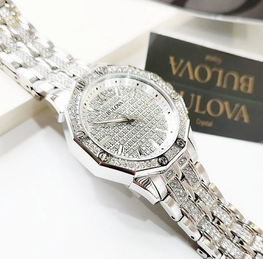Pre-owned Bulova Octava Crystal Silver White Dial Dress Women's Watch 96l305
