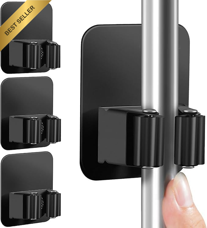 4-Pack Wall-Mounted Broom and Mop Holders with Super Anti-Slip Feature, Black - 
