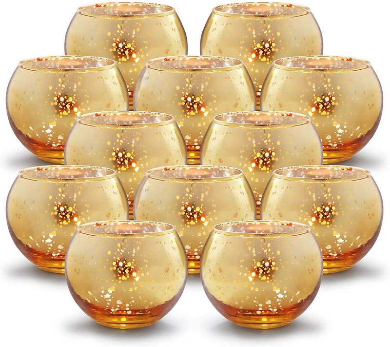 round Gold Votive Candle Holders, Mercury Glass Candle Holder Set of 12