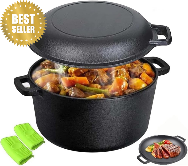 2 in 1 Cast Iron Dutch Oven Pot, Pre-Seasoned Cast Iron Skillet Cookware Pan Set
