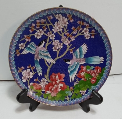 1991 Winged Jewels Plate by Ching-T'ai-lan Artists Chinese Cloisonne Blue w/ COA