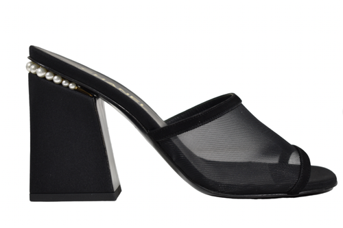 Chanel 22A Black Mesh Pearl CC Logo Block Heel Backless Mule