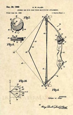 Original 1st Compound Bow US Patent Art Print- Archery Hunting Antique Allen 341