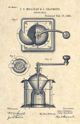 Antique Vintage Coffee Mill US Patent Art Print - Official 1885 Original - 417