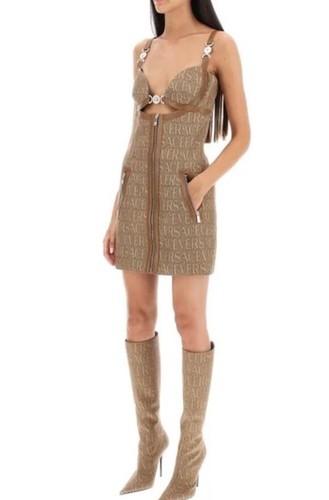 Pre-owned Versace Logo Print Cut Out Monogram Mini Dress Leather Trims It 40 Us 4 $3050 In Brown Tan