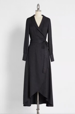 ModCloth Taking the Lead Maxi Wrap Dress Size Medium Black Dotted Jacquard