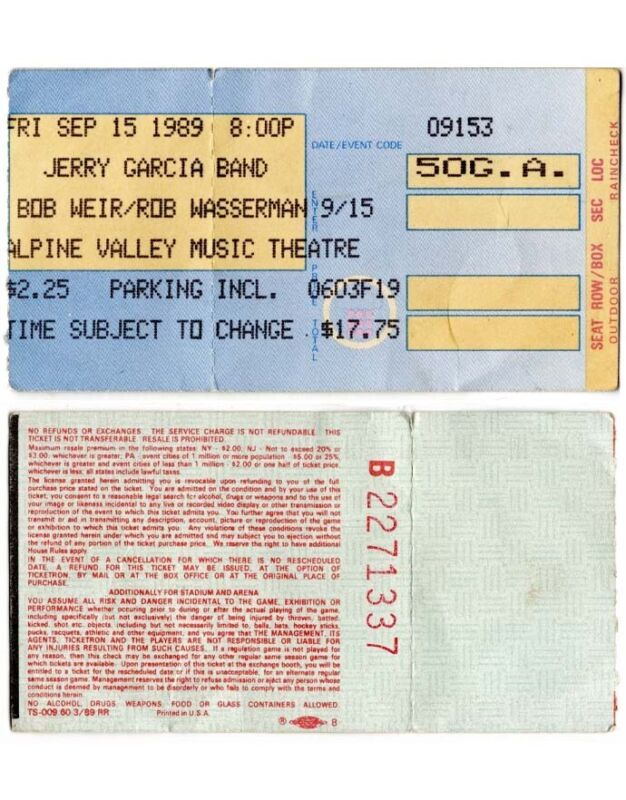 JERRY GARCIA BAND 09/15/89 Concert Ticket Stub • Alpine Valley Music Theater, WI