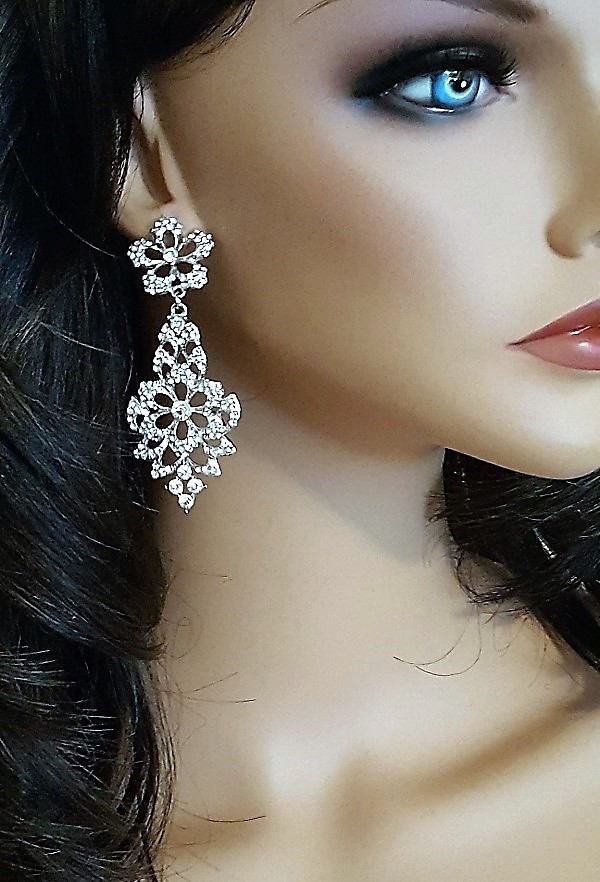 Wedding Silver Plated Rhinestone Long Earrings Pierced