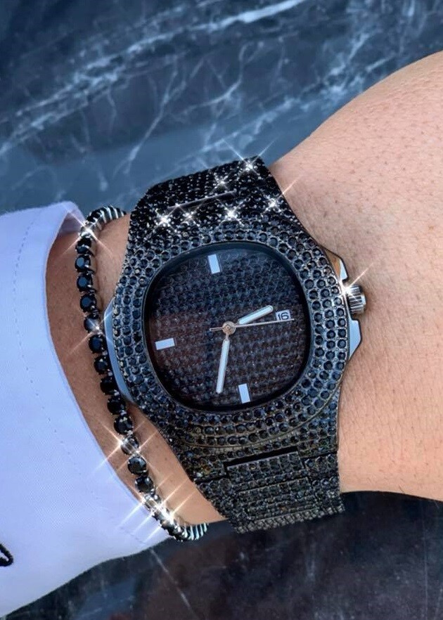 Orologio Polso ZCC Uomo Donna Quarzo Acciaio Moda Brillantini Nero lac