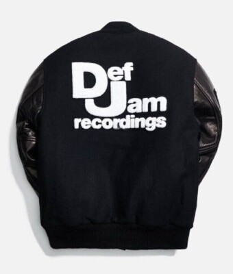 Def Jam Black Wool Bomber Varsity Jacket with Real Leather Sleeves  BIG DISCOUNT