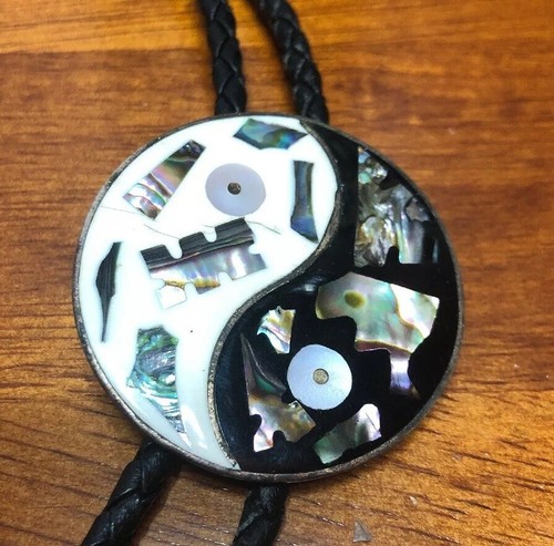 Vintage Round Bolo Tie Abolone Shell Inlay