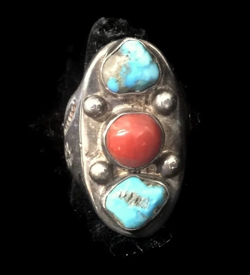Turquoise Coral Ring Vintage Southwest Sterling Silver Size 8.50 Men
