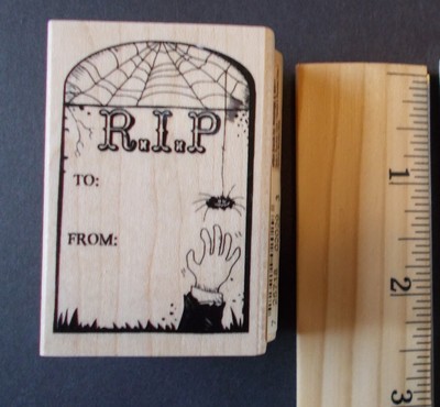 GRAVE STONE & BATS HALLOWEEN STAMPS wooden base rubber stamper cematary