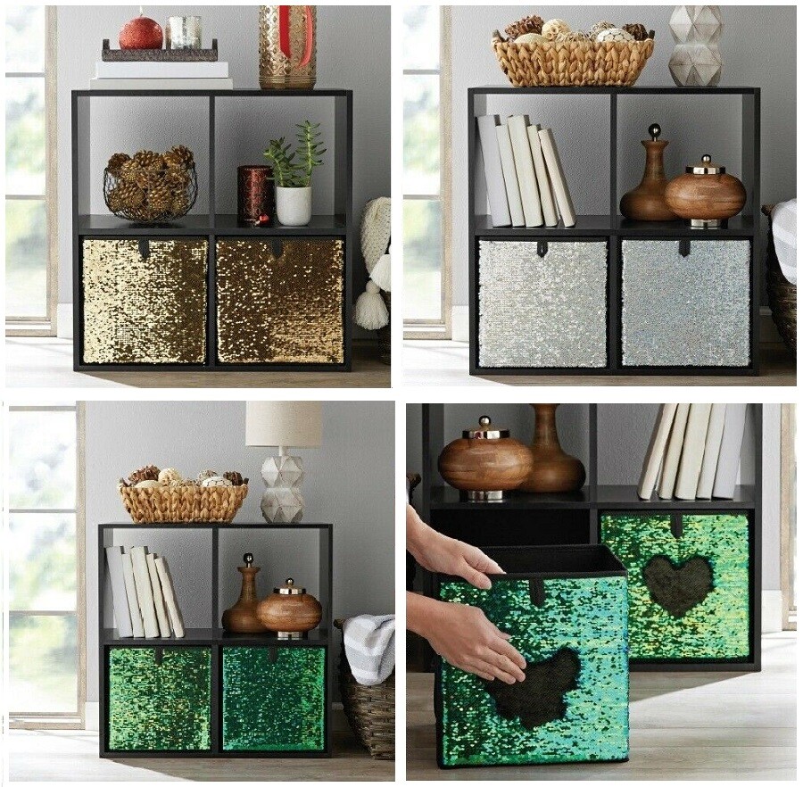 Glitter Reversible Sequin Storage Cube Bin Basket Box Collapsible Home
