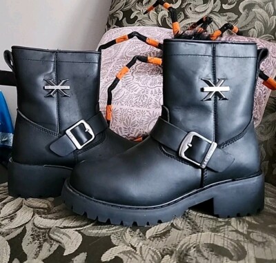 X Element Buckle Zipper Biker Motorcycle Boots Women sz 7.5 Black Leather W/Box