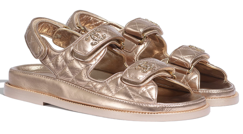 Pre-owned Chanel 21c Bronze Quilted Chain Cc Logo Mule Slide Strap Flat Teva Dad Sandal 35 In Gold