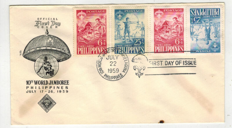 1959 BOY SCOUTS PHILIPPINES 10th WORLD JAMBOREE FDC & 4 STAMPS