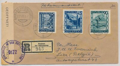 LR78824 Austria 1946 to Belgium censor registered cover used