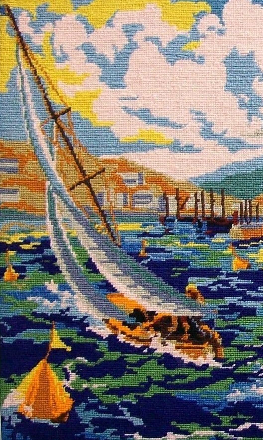Sailboat Needlepoint Framed Artwork Handmade Vintage 1960s 1970s Seascape Boats