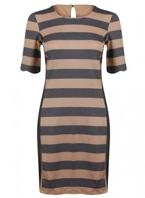 Oasis Grey Beige Stripe Dress Scallop Edge Short Sleeve Shift Dress