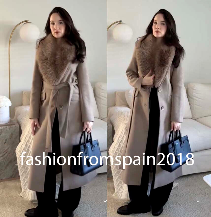 ZARA NEW BELTED WOOL COAT FAUX FUR LAPEL COLLAR MINK XS-XL ZARA NEW BELTED WOOL COAT FAUX FUR LAPEL COLLAR MINK XS-XL