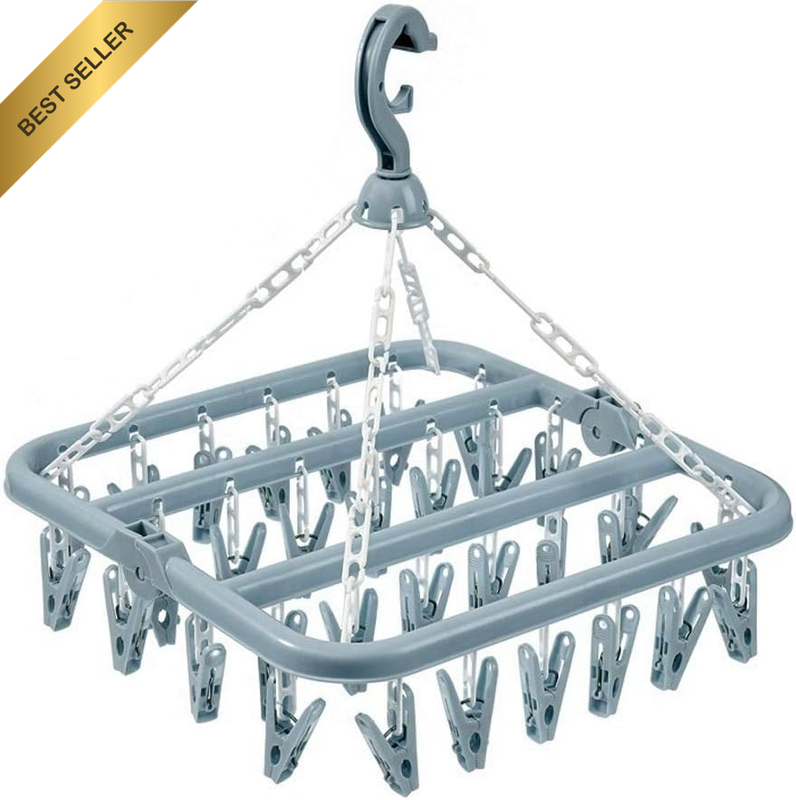 Clothes Drying Hanger with 32 Clips and Drip Foldable Hanging Rack (Light Blue)
