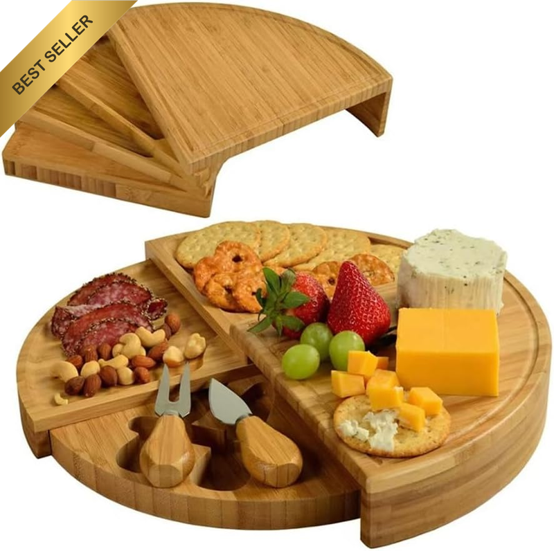 32Cm Bamboo Rotating Cheese Board Set - Reversible Charcuterie Platter with Non-