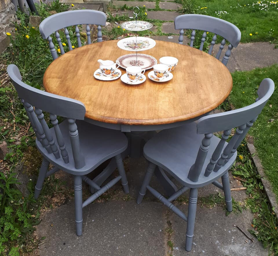 BEAUTIFUL PINE AND GREY ROUND TABLE AND 4 CHAIRS in Oldham